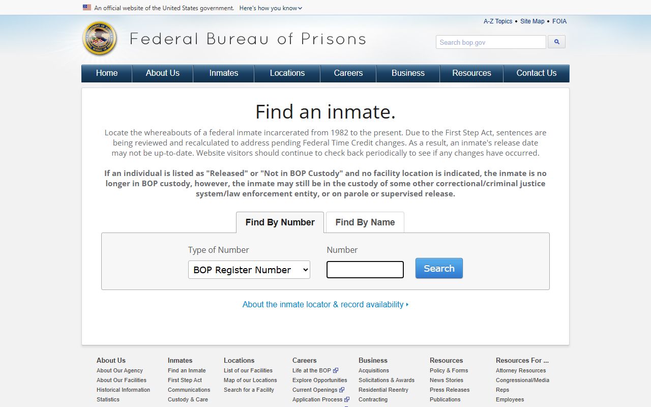 Federal Bureau of Prisons locator for South Carolina federal inmate custody