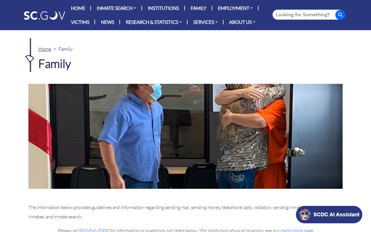 SCDC family resources page explaining inmate detail report fields