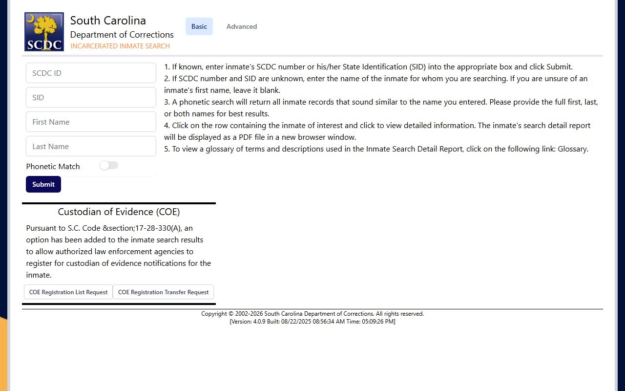 SCDC incarcerated inmate search interface for South Carolina inmate population lookup