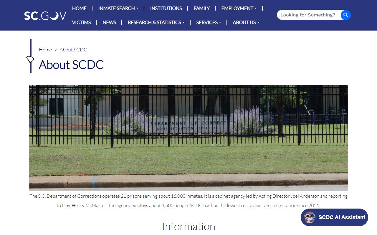South Carolina Department of Corrections SCDC agency overview for inmate population research