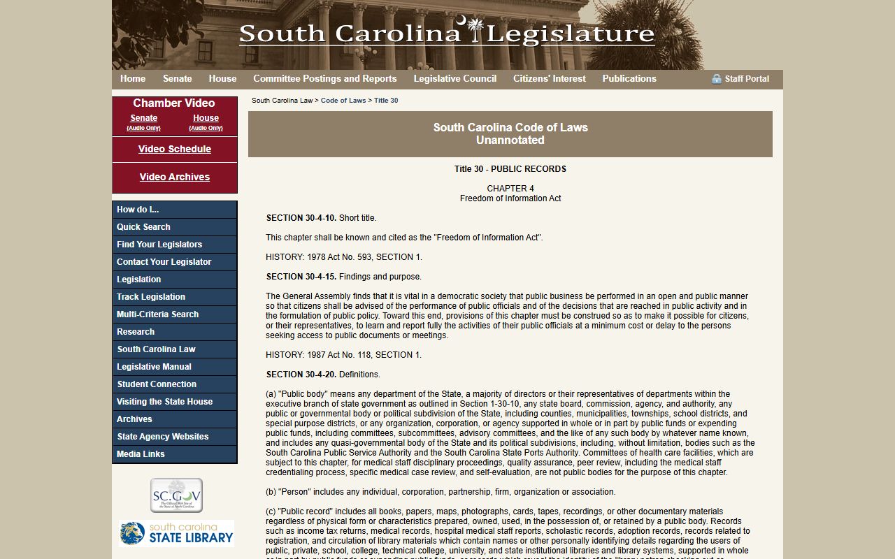 South Carolina FOIA statute for jail and inmate population records
