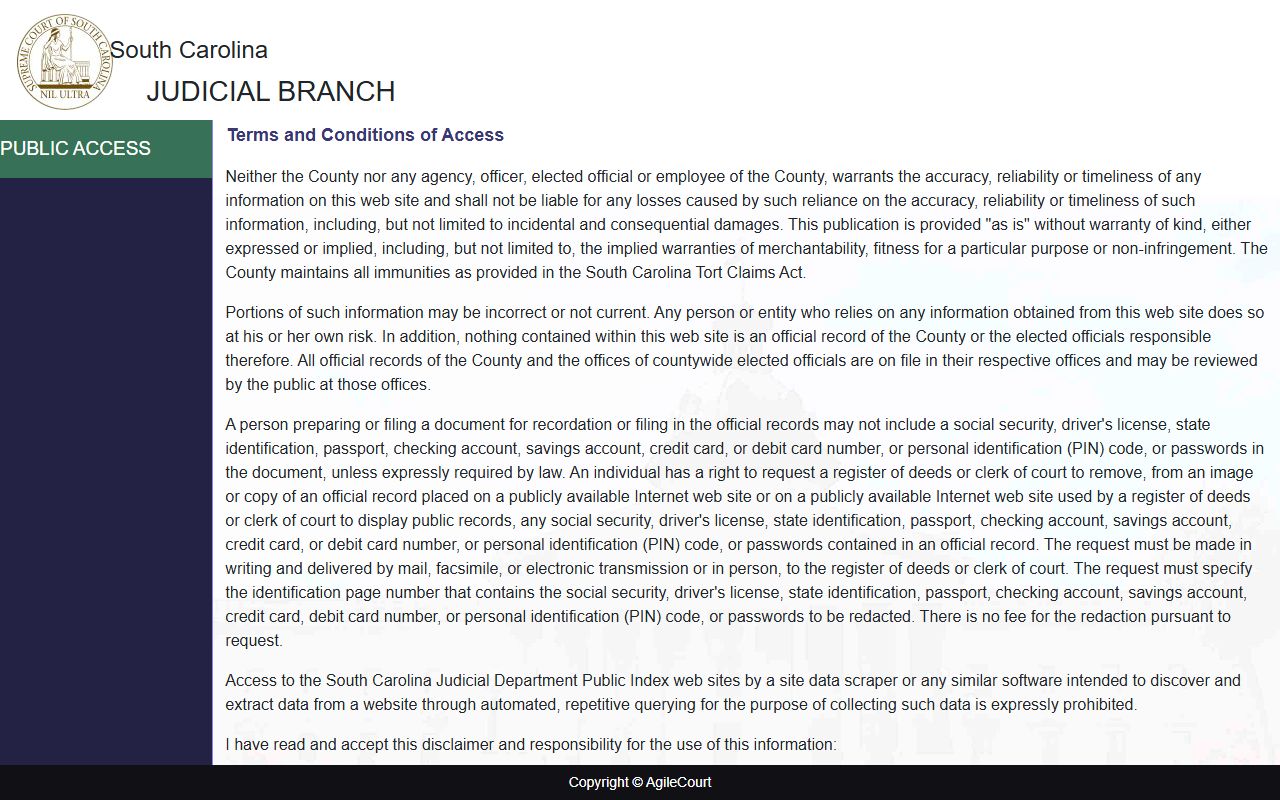 South Carolina Public Index portal for court records after a jail arrest